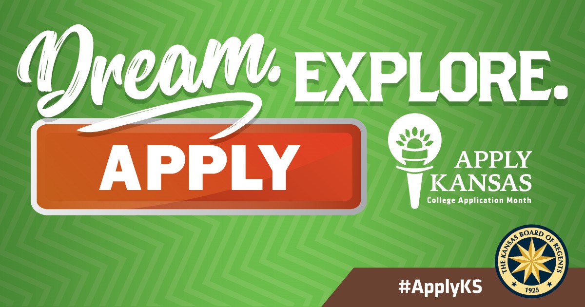 A green rectangle banner with the words "Dream. Explore.Apply. Apply Kansas"